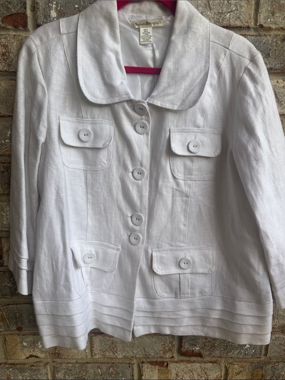 Vintage Susan Bristol White Linen Button-Front Jacket with Flap Pockets
